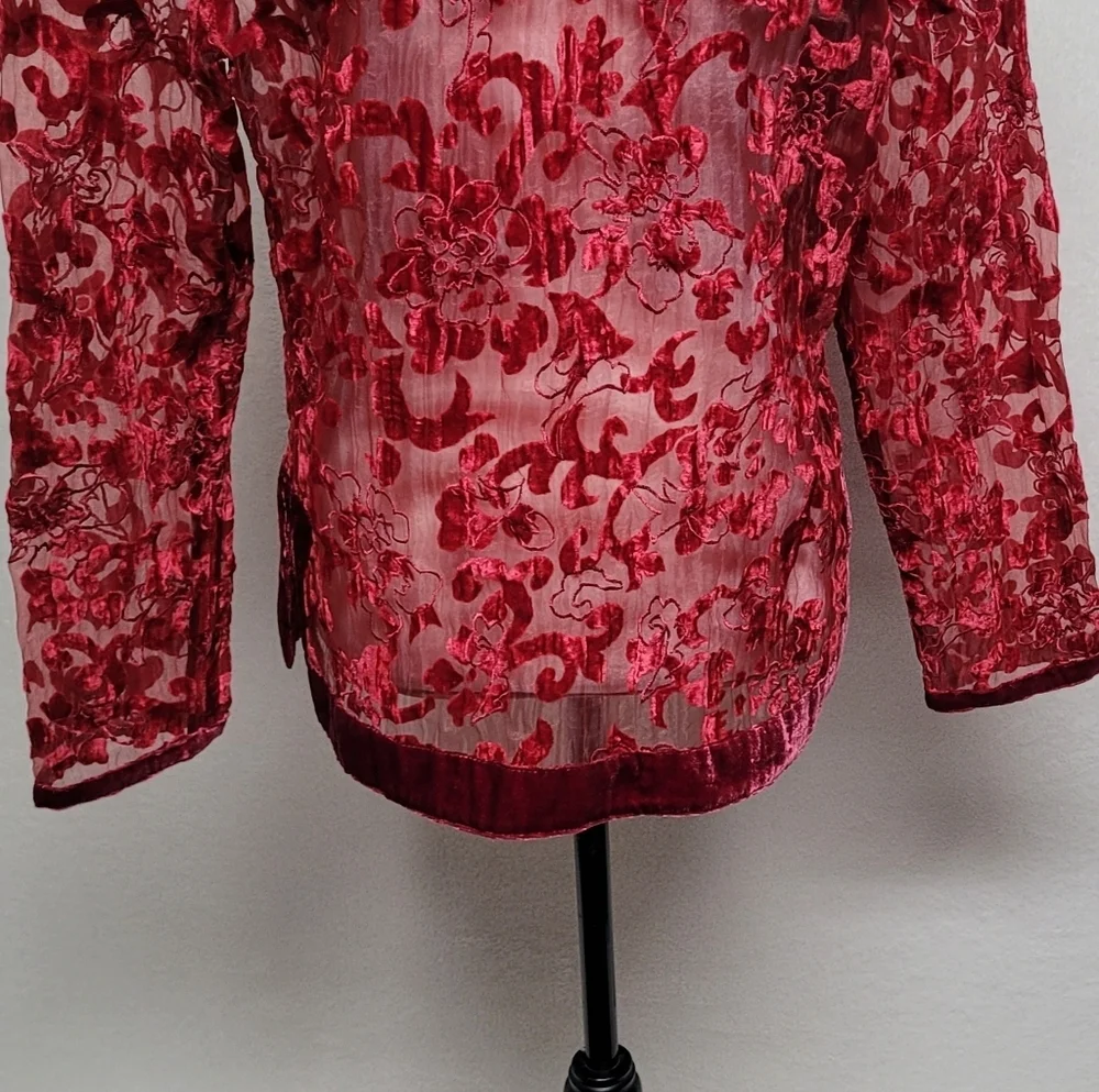 Chico's 90s Vintage Red Burnout Velvet Floral Sheer Mesh Open Front Cardi Jacket